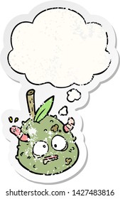 cartoon old pear with thought bubble as a distressed worn sticker