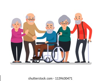 Cartoon old people. Happy aged citizens, disabled senior on older wheelchair and care seniors smiling elder age couple elderly citizen happy with a cane, disability family cartoon vector illustration