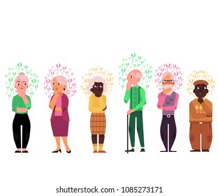 Cartoon old people with questions set. Elderly caucasian and black women, men thinking. Male female characters standing thoughtful pose holding chin questions above head. vector illustration