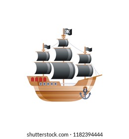 Cartoon old pirat ship with black sails, vintage icon. Retro galleon for logo, sea travel, cruise and water transport design. Flat vector illustration isolated on white background.