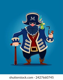 Cartoon old pirate captain. Corsair sailor character with smoking pipe and parrot. Funny pirate captain vector personage with blue beard. Sea robber or buccaneer sailor in corsair jacket, tricorn hat svg