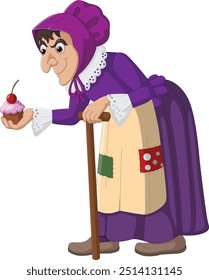 Cartoon old poor lady holding cupcake