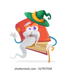 cartoon old red book with a gray beard and a cane