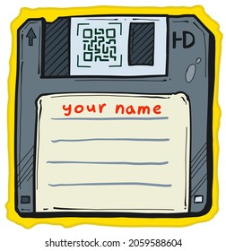 Cartoon alte Retro-Setup Boot-Diskette mit QR-Code und Tablet-Zeichen für Ihren Namen. Vektorsymbol auf weißem Hintergrund.