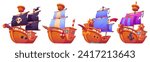 Cartoon old sailboat with wooden deck and captain dock, mast and canvas sails. Vector illustration of pirate and fishing vintage ships for game ui or childish book story design. Sea transport set.