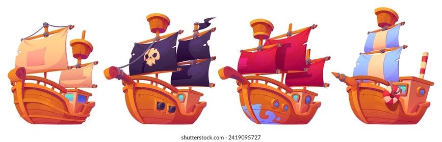 Cartoon old sailboat with wooden deck and captain dock, mast and canvas sails. Vector illustration of pirate and fishing vintage ships for game ui or childish book story design. Sea transport set.