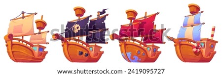 Cartoon old sailboat with wooden deck and captain dock, mast and canvas sails. Vector illustration of pirate and fishing vintage ships for game ui or childish book story design. Sea transport set.