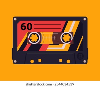 Cartoon old school audio tape. Retro music cassette poster, audio tape backdrop, pop culture audio cassette flat vector background illustration. Vintage cassette design