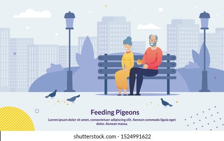 Cartoon Old Senior Couple Character Sitting on Bench in City Urban Park Feeding Pigeons Birds with Breadcrumbs Poster. Happy Smiling Mature Family. Grey-Haired People Rest. Vector Flat Illustration