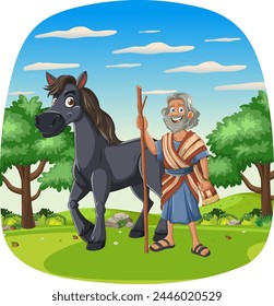 Cartoon of an old shepherd standing with a horse