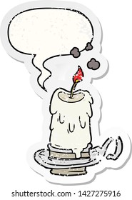 cartoon old spooky candle in candleholder with speech bubble distressed distressed old sticker
