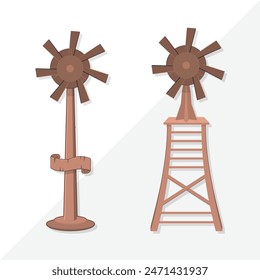 Cartoon old style wood wind mill buildings or windmill fan, isolated vector village old wooden windmill towers