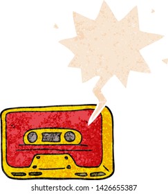 cartoon old tape cassette with speech bubble in grunge distressed retro textured style