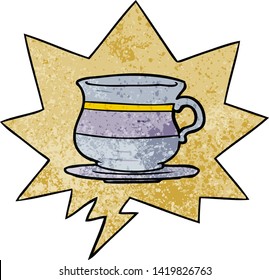cartoon old tea cup with speech bubble in retro texture style