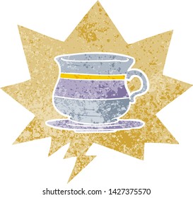 cartoon old tea cup with speech bubble in grunge distressed retro textured style