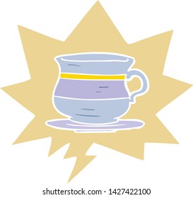cartoon old tea cup with speech bubble in retro style