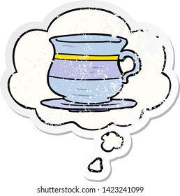 cartoon old tea cup with thought bubble as a distressed worn sticker