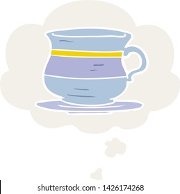 cartoon old tea cup with thought bubble in retro style