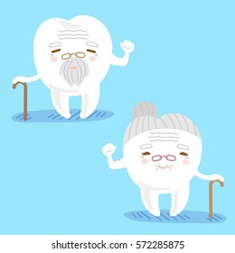 cartoon old tooth couple use crutch and show strong