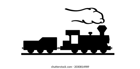 Cartoon old train station. steam train Locomotive with smoke or clouds. Flat vector railway pictogram. Old fashioned icon. Railway station sign