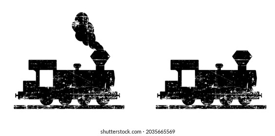 Cartoon old train station. steam train Locomotive with smoke or clouds. Flat vector railway pictogram. Old fashioned icon. Railway station sign. Vintage rusty metal signs.