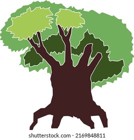 Árbol viejo de caricatura con corona verde aislado en fondo blanco