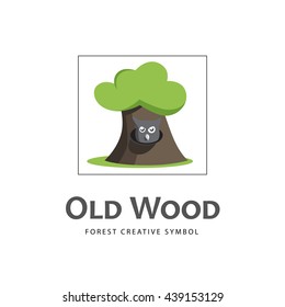Cartoon old tree icon with owl. Vector logo template.