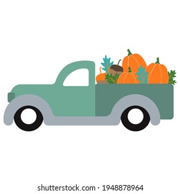 Cartoon old truck with pumpkin, acorn, vector illustration art.