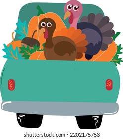 Cartoon old truck with pumpkin, acorn, turkey bird, vector illustration art.