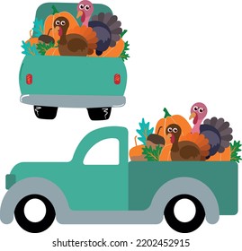 Cartoon old truck with pumpkin, acorn, turkey bird, vector illustration art.