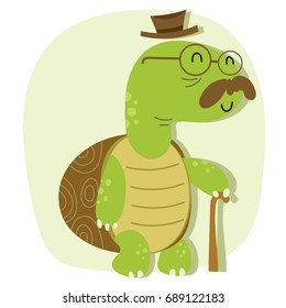 cartoon old turtle with hat and cane