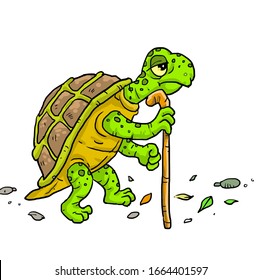 Cartoon Old turtle walking with stick