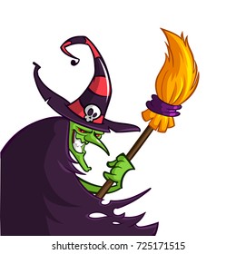 Cartoon old ugly funny witch in hat with a broom. Halloween vector illustration