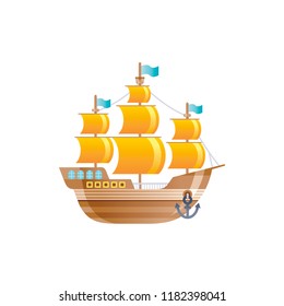 Cartoon old vintage ship icon.Retro galleon for logo, sea travel, cruise and water transport design. Flat vector illustration isolated on white background. 