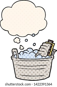 cartoon old washboard and bucket with thought bubble in comic book style