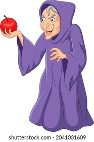 Cartoon old witch holding red apple