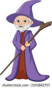 Cartoon old witch holding staff