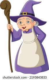 Cartoon old witch holding staff