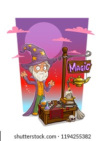 Cartoon old wizard character in hat and magic vendor booth or shop market with text sign. Vector icon for game.