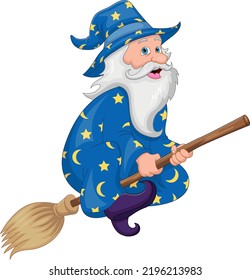 cartoon old wizard flying on broomstick