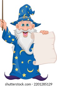 cartoon old wizard holding a blank sign