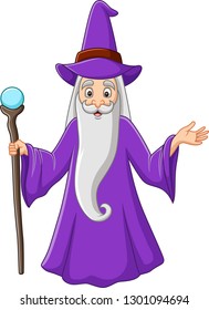 Cartoon Old Wizard Holding Magic Stick