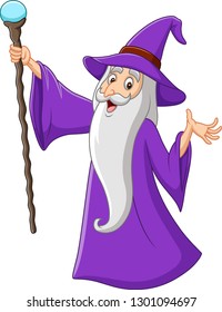 Cartoon old wizard holding magic stick