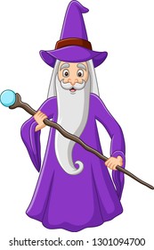 Cartoon old wizard holding magic stick