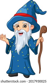 Cartoon old wizard holding stick