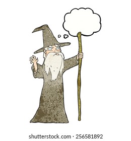 cartoon old wizard with thought bubble