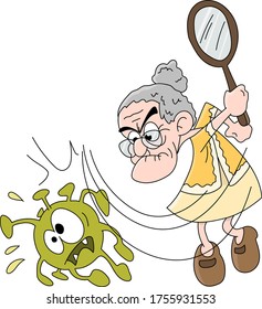 Cartoon old woman beating corona virus vector illustration