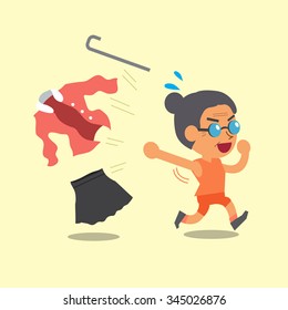 Cartoon old woman changing clothes to sportswear