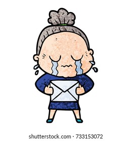 cartoon old woman crying with letter