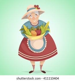 Cartoon old woman farmer character with harvest. Farm fresh concept. Vector illustration in retro style